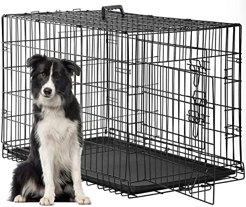 FDW Dog Crate for Large Dogs 48 Inch Folding Metal WirePet Cage Double Door W/Divider Panel Indoor Outdoor Kennel Leak-Proof Plastic Tray,Black