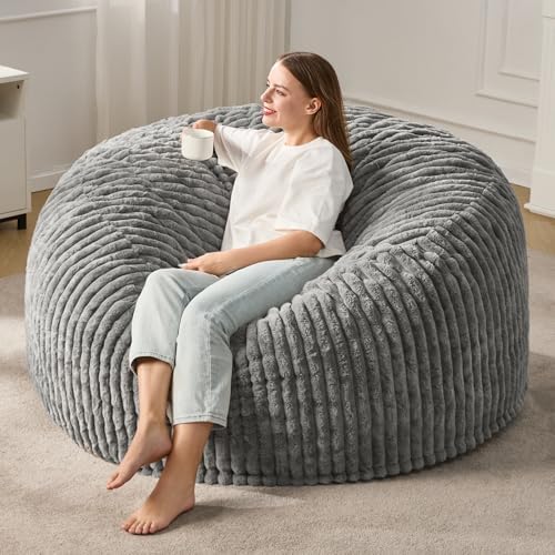 Hobestluk 5ft Bean Bag Chairs for Adults Large Beanbag Chair with Stripe Plush Cover Big Bean Bag Chair for Living Room Bedroom Dorm Office -Grey (50” x 50” x 24”)