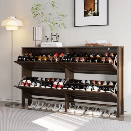 Shoe Cabinet with 4 Flip Drawers, Narrow Shoe Storage Cabinet, Freestanding Shoe Cabinet Organizer, Hidden Shoe Rack Cabinet for Entryway, Hallway (4-Drawers, Brown/4-drawers)