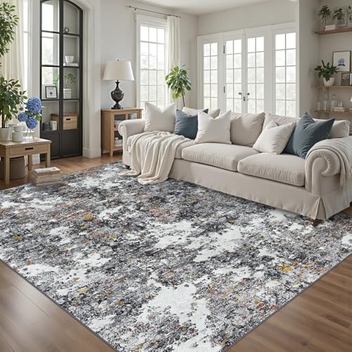 Area Rug 9x12 Living Room: Large Washable Rug with Anti-Slip Backing Non-Shedding Stain-Resistant Soft Abstract Carpet for Bedroom Dining Room Nursery Home Office (Gray/Multi)