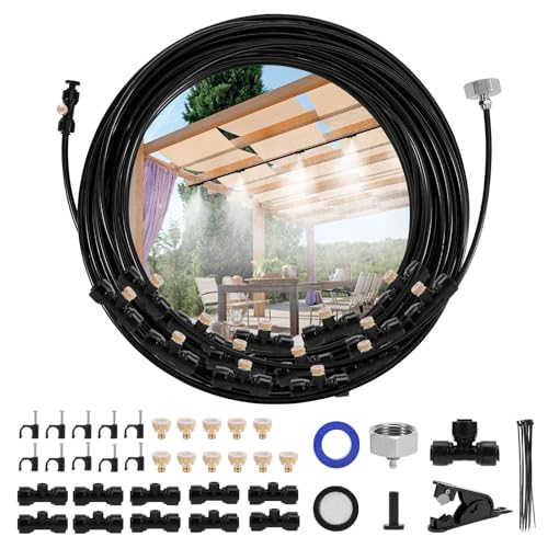 Misting Cooling System Kit, 50FT Misting Line + 10 Brass Mist Nozzles + Brass Adapter(3/4") Outdoor Mister for Porch Patio Garden Greenhouse Trampoline Waterpark