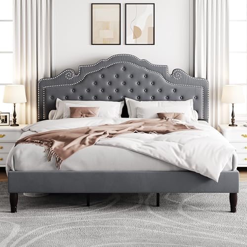 Allewie King Size Bed Frame with Adjustable Velvet Tiara Headboard, Upholstered Diamond Button Tufted Platform Bed, Wood Slats Support, No Box Spring Needed, Light Grey