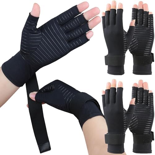 2 Pairs Copper Arthritis Gloves for Carpal Tunnel Pain Relief, Compression Gloves with Adjustable Strap to Alleviate Hand Pains,Fingerless Computer Typing Glove for Rheumatoid Women/Men(Large/X-Large)
