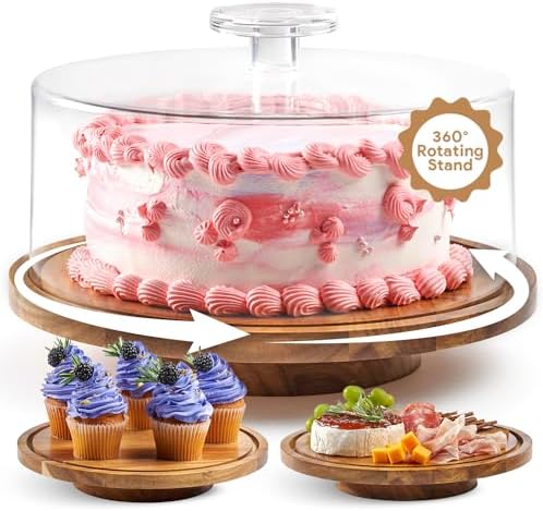 Rotating Cake Stand With Lid - 12 Inch Round Cake Holder with Cover, 4” Tall, Acacia Wood Spinning Cake Turntable for Decorating, Display and Serving Platter, Acrylic Cake Dome, No Glass