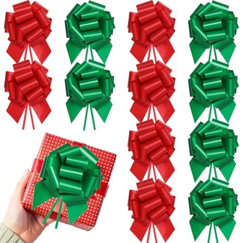 Yokodaza 12 Pcs Large Christmas Bows for Gift Wrapping, 5 inch Xmas Pull Bows Christmas Ribbon for Presents, Tree, Wine Bottles, Festive Decorations - Red + Green