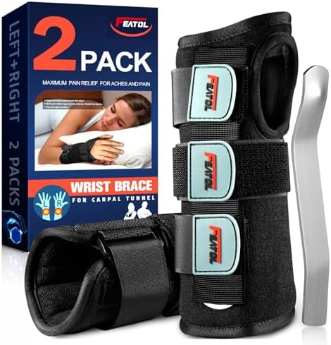 FEATOL Carpal Tunnel Wrist Brace Night Support 2 Pack - Wrist Splint for Pain Relief Tendonitis, Sprained, Arthritis - Metal Splint Stabilizer With Hand Brace -FOR Sleeping Women Men -Right&Left(S/M)