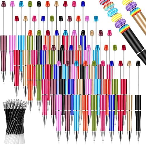 Crtiin 100 Pieces Plastic Beadable Pen Bulk Kit 50 Bead Ballpoint Shaft Black Ink Beaded Pens with 50 Refills for DIY Making Christmas Holiday Gift for Kid Student Office(Bright Color)