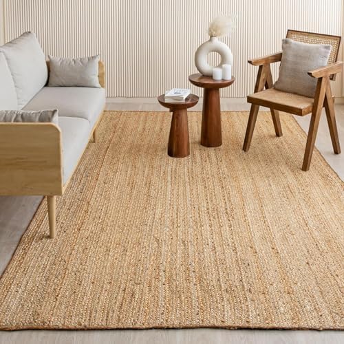 HOMEMONDE Solid Braided 8'x10' Jute Area Rug Natural - Eco Friendly Premium Fiber - Durable and Reversible Handwoven Farmhouse Rugs for Living Room, Hallway, Bedroom, Dinning Room, Kitchen, Office