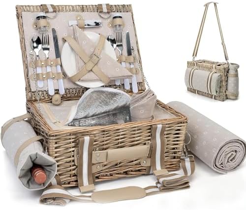 19Pcs Picnic Basket for 2 with Insulated Liner and Waterproof Picnic Blanket Wine Pouch, Large Wicker Picnic Hamper for Camping,Outdoor,Valentine Christmas for Couples