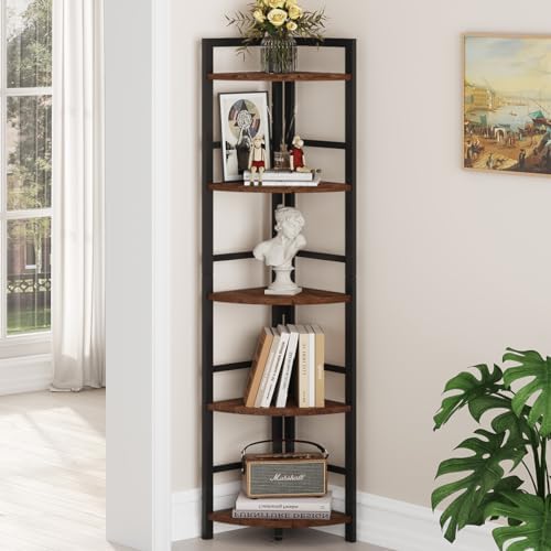 BON AUGURE 5 Tier Corner Bookshelf, Industrial Corner Shelf Stand, Narrow Tall Wood Bookcase, Display Wooden Shelving Unit Shelf for Living Room, Kitchen, Home Office (Rustic Oak)