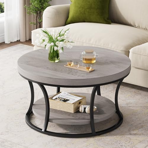 Round Coffee Table for Living Room, 2-Tier Circle Coffee Table with Storage, Accent Center Table Modern Design, Gray Brown and Black