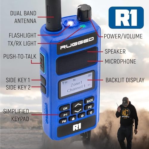 Rugged Radios Two Way 5W Handheld Radio Walkie Talkie for Business Schools Churches Construction - Features Digital and Analog Capabilities Long Range Antenna Dual Band VHF UHF and USB Charger (R1)