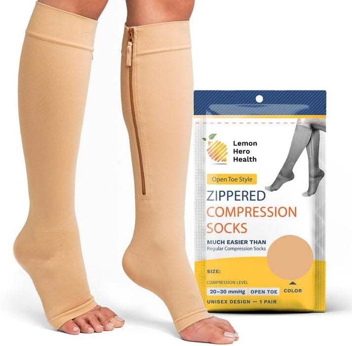 Lemon Hero Medical Zippered Compression Socks - Open Toe 20-30 mmHg Varicose Veins Stockings with Zip Guard for Skin Protection, Lightweight Diabetic Compression Socks with Zipper - Large, Beige