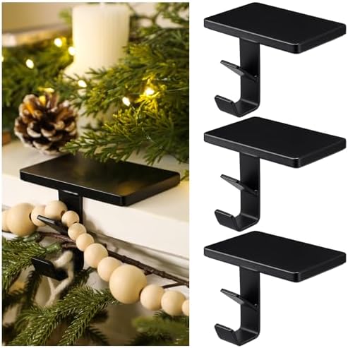 3 Pack 2 in 1 Fireplace Stocking and Garland Hangers Heavy Duty Metal Christmas Stocking Holder for Mantle Garland Hanger Hook for Xmas Holiday Decoration (Classic,Black)