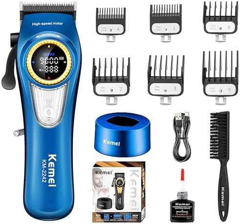 KEMEI 2242 Professional Hair Clippers for Men, Cordless Barber Clipper with LED Display & Charging Base, Hair Cutting Tools, 9000 RPM Super Torque Motor, Blue