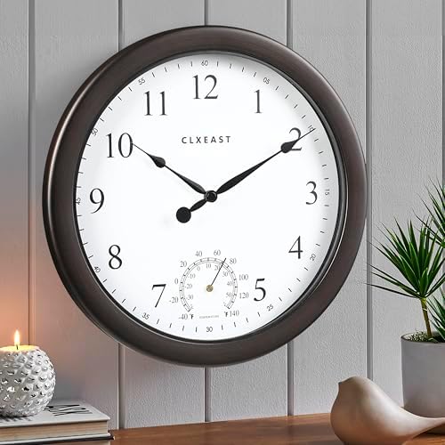 CLXEAST 10.4 Inch Indoor Outdoor Clocks Waterproof,Outdoor Clock with Temperature for Bathroom,Patio, Pool,Kitchen,Oil Rubbed Bronze Black Finish,House Warming Gifts New Home