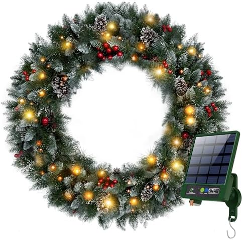 Solar Wreath 48 inch, Outdoor Christmas Wreaths Large with 250 LEDs & 8 Lighting Modes, Lighted Holiday Decorations for Outside