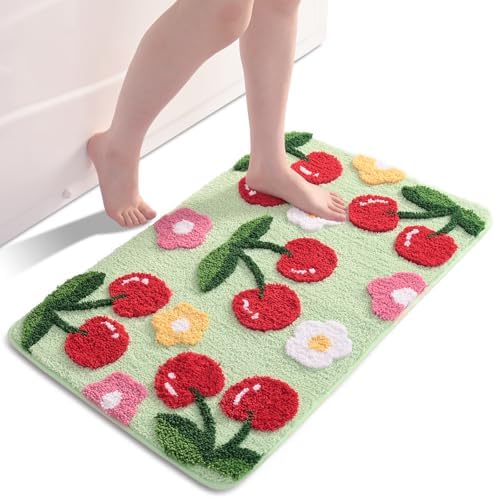 Anybar Green Bathroom Rugs Cute Cherry Bath Mat Coloful Bathroom Accessories, Funny Flower Rug Non Slip Floor Mat, Machine Washable Bath Rug Soft Microfiber Carpet for Shower, Tub (18x26 inch)