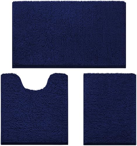 HOMEIDEAS 3 Pieces Bathroom Rugs, Ultra Soft Non Slip Absorbent Chenille Toilet Bath Mat Set (Navy Blue)