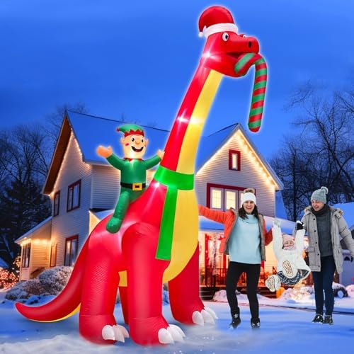 12 Ft Ht x 14 Ft L Giant Christmas Inflatables Santa Elf Ride Dinosaur Holding Candy Cane Christmas Blow Up Yard Decorations Built-in LEDs Christmas Decorations Outdoor Party Holiday Xmas Decor Lawn