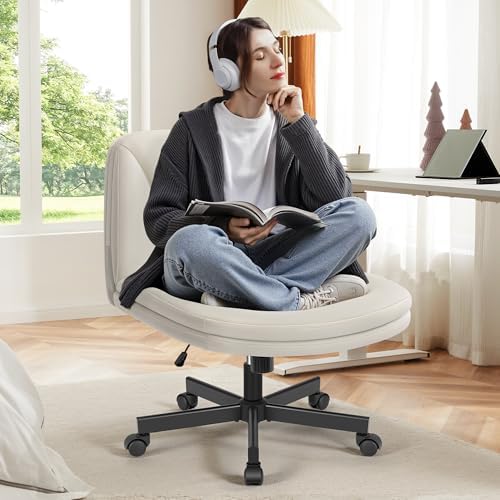 FelixKing Criss Cross Chair with Wheels, Cross Legged Office Chair, Armless Wide Vanity Desk Chair with Comfty PU Leather & Back - Swivel Height Ajustable for Home Office Bedroom, Pearl White