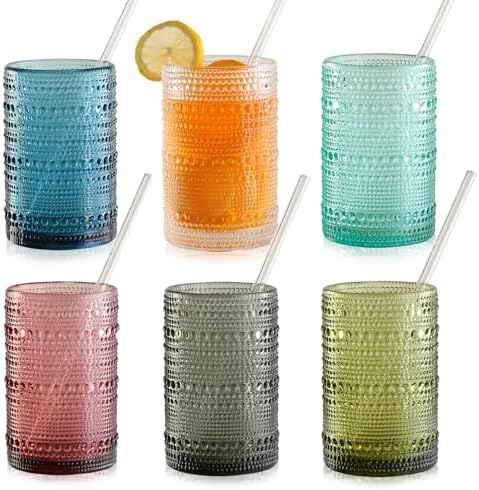 15oz Colored Hobnail Drinking Glasses Set of 6,Vintage Kitchen Glassware,Embossed Beaded Glass Cups,Water Tumbler for Cocktail,Juice and Various Mixed Drinks