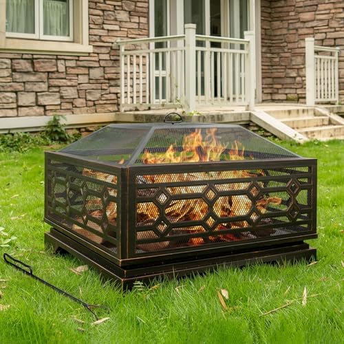 Outdoor Fire Pit, 32 Inch Wood Burning Firepit for Outside with Mesh Cover & Fire Poker, Large Extra Deep Square Metal Fireplace for Patio, Backyard, Camping, Bonfire Party