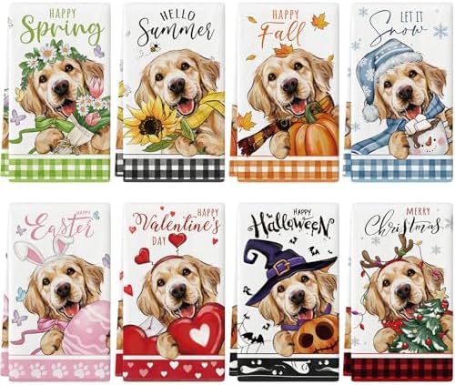 8 Pcs Seasonal Holiday Kitchen Towels, Cute Puppy Dog Golden Retriever Kitchen Dish Towels, Summer Fall Absorbent Kitchen Towel Halloween Christmas Holiday Hand Towels Decorative Set (Dog)