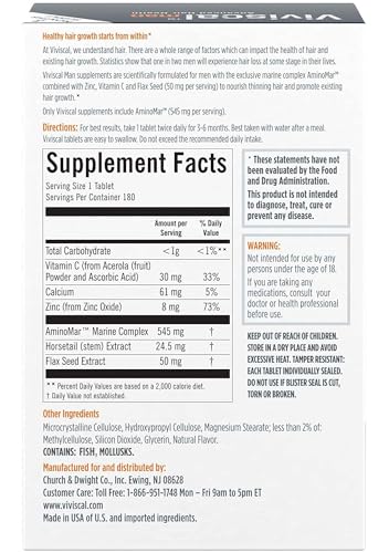 Viviscal Men's Hair Growth Supplements for Thicker, Fuller Hair Clinically Proven with Proprietary Collagen Complex 180 Tablets - 3 Month Supply