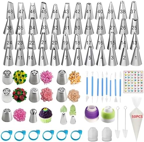 130 Pcs Piping Bags and Tips Set with 48 Numbered Icing Tips,7 Russian Tips,1 Ball Tip,2 Leaf Tips,Pattern Chart,8 Carved Pens,4 Couplers,6 Ties,50 Disposable Pastry Bags for Cake Decorating