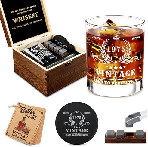 50th Birthday Gifts for Men - Vintage 1975 Whiskey Glass Set, 50 Years Old Anniversary Ideas for Him, Dad, Husband, Include Wood Box, Recipe, Stones, Coaster, Stone Holder, Clamp