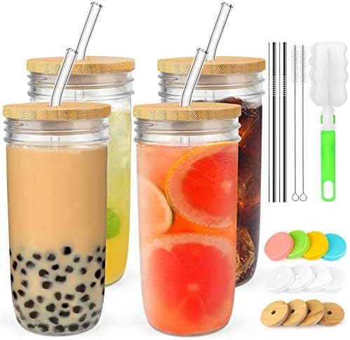 4-Pack 24oz Glass Cups with Lids and Straws - Wide Mouth Mason Jars, 12 Lids (Bamboo/Plastic) & 8 Straws - Reusable Tumblers for Smoothies, Iced Coffee