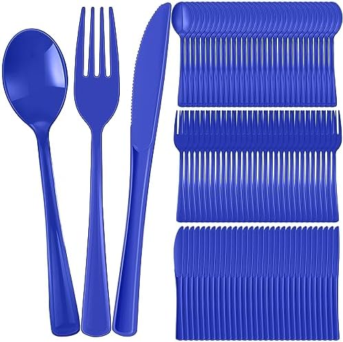 300 Pcs Plastic Silverware Heavy Duty Cutlery Set Plastic Utensils Set Includes 100 Disposable Spoons 100 Forks Knives for Parties Catering Family Gathering(Royal Blue)