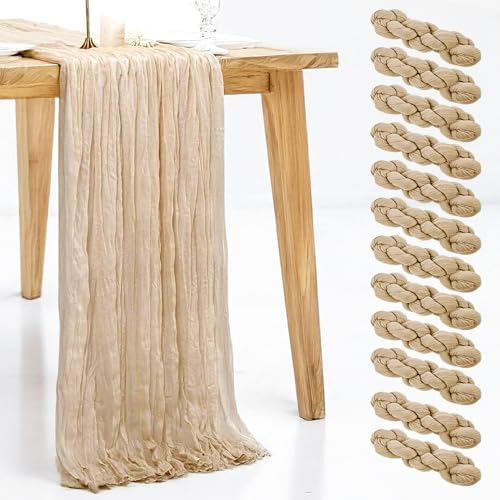 12 Pack Beige Cheesecloth Table Runner, 35x120 Inch Romantic Boho Gauze Table Runner 10ft Rustic Sheer Cheese Cloth Table Decor for Summer Wedding Baby Bridal Shower Birthday Party Table Decoration
