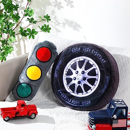 2 Pcs Race Car Room Decor Racing Plush Throw Pillow Set Gift Operation Christmas 15.7 Inch Soft 3D Simulation Wheel Pillow Funny Tire Cone Traffic Light and Stop for Bedroom Decorations(Traffic Light)