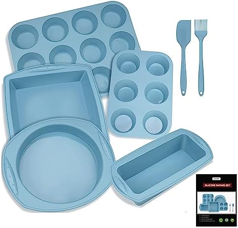 7in1 Silicone Bakeware Baking Set, Kitchen Bake Pans Molds Tray for Oven with BPA Free Round/Square Cake Pan, Loaf Pan, Muffin Pan for Bread Pizza Cheesecake Cupcake Pie Desserts