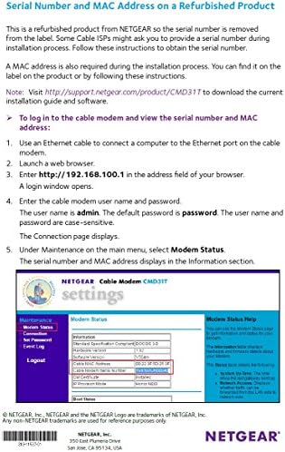 NETGEAR Renewed CMD31T-100NAR (4x4) Cable Modem - Cox, Cablevision
