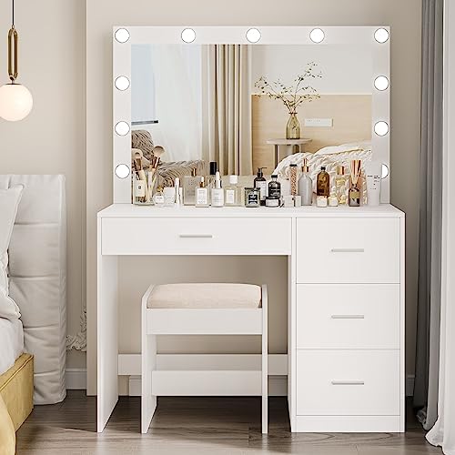 Irontar Makeup Vanity Table with Large Mirror, Vanity Desk with Stool and 11 LED Lights, Makeup Table with 4 Metal Sliding Drawers, Vanity Table Set with Bench for Women, White WDT002WD