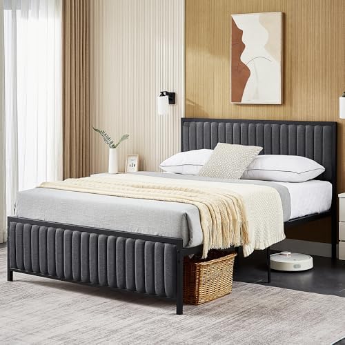VECELO Full Size Bed Frame with Upholstered Headboard, Heavy Duty Steel Slats Platform, No Box Spring Needed, Dark Grey