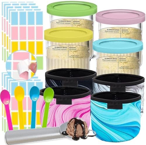 4Pack Containers Replacement for Ninja Creami Pints and Lids,4Pcs Ice Cream Neoprene Sleeve 160Pcs Waterproof Removable Labels,24oz Compatible with Ninja NC501 NC500 Series