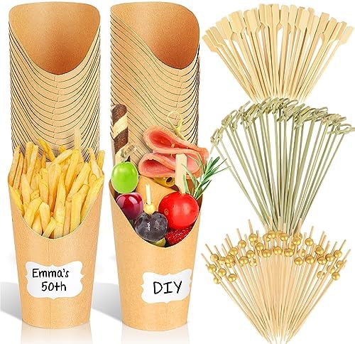 500PCS Charcuterie Cups with Sticks, Charcuterie Boards Accessories - Disposable Brown Paper French Fry Holder - 12 oz Appetizer Cup with Cocktail Toothpicks Skewers (80 Cups+320 Picks+100 Labels)