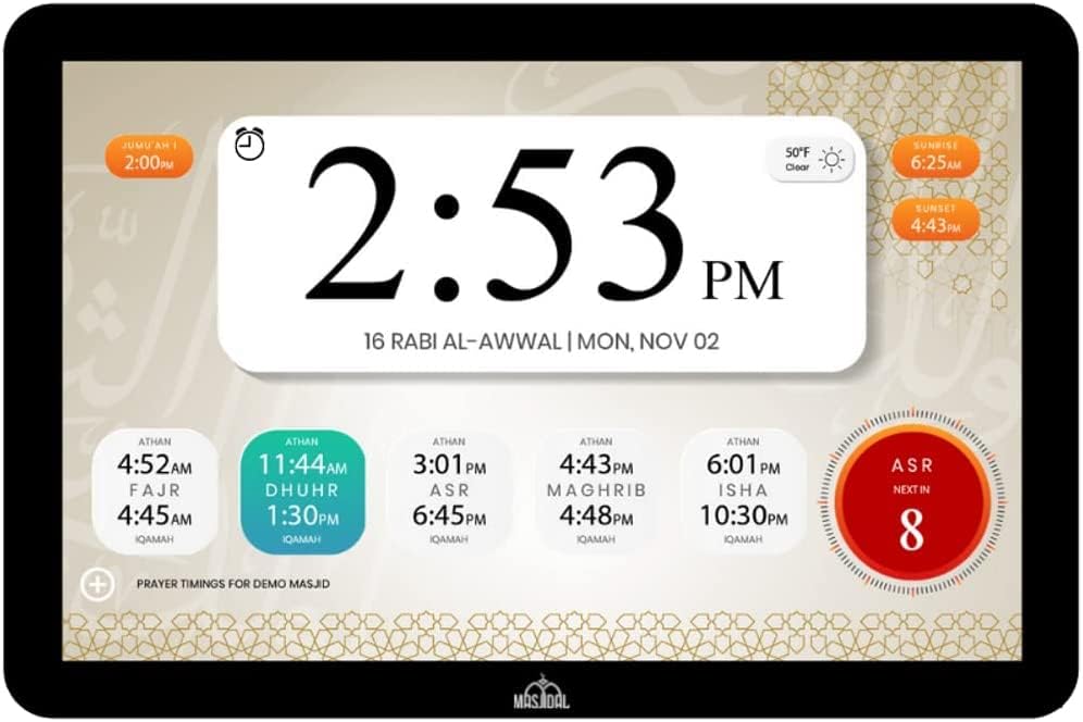 Masjidal 8" Digital Azan Clock with WiFi, Dynamic Touch Screen, Worldwide Prayer Times, Full Quran Player, Islamic Art, Streaming Halal Muslim Content: Duas, Dhikr, Hadith, Verse of The Day, Black