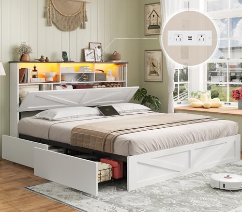 AOGLLATI Farmhouse Bed Frame Full Size with 4 Storage Drawers and Charging Station, Wooden Full Size Bed Frame with Hidden Space Bookcase Headboard and Led Lights & Metal Slats, White