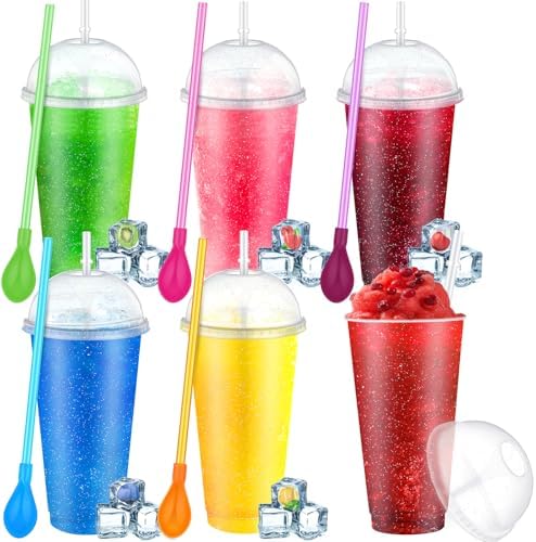 6 Set Slushie Cups with Dome Lids and Straws Detachable Spoon Straws Reusable Plastic Iced Coffee Cups Smoothie Tumbler for Birthdays Summer Party Supplies(Clear,24 oz)
