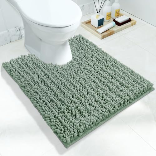 Yimobra Toilet Rugs U Shaped 24x20, Soft Comfortable Absorbent Chenille Toilet Mat for Bathroom Floor, Non-Slip Contour Bathroom Rugs for Toilet, Dry Quickly Machine Washable, Green