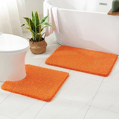 MIULEE Fall Orange Microfiber Bathroom Rugs and Mats Sets 2 Pieces Extra Thick Non Slip Bath Mat and U-Shaped Contour Toilet Rug for Bath Room Floor Restroom, 20"x30"+20"x24"