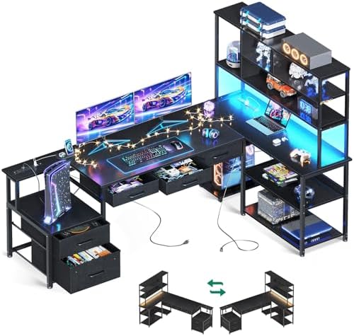 AODK 79 inch L Shaped Desk with 5 Drawers, Reversible L Shaped Gaming Desk with LED Light & 2 Power Outlets, Computer Desk with Storage Shelves for Home Office, Black