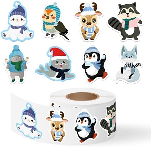 500Pcs Winter Animal Stickers Roll Cartoon Arctic Polar Bear Penguin Self Adhesive Labels Teacher Reward Scrapbooking Envelope Seals Christmas Holiday DIY Crafts Party Favors for Students