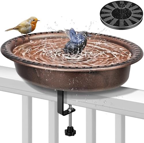 VIVOHOME Deck Mounted Oval Polyresin Bird Bath with Solar Fountain, Adjustable Clamp for Railings up to 3.9 Inch, Capacity 1.3 Gallons for Patio, Gardens, Yard, Deck, Bronze