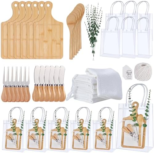 55Pcs Baby Shower Prizes for Game Winners 6 Sets Bamboo Cheese Board Spoon Fork Butter Spreaders Plaid Towel Thank You Card and Gift Bags for Baby Shower Wedding Bridal Shower Favors